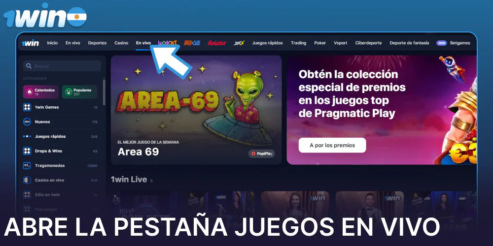 Abre la pestaña Juegos en vivo en 1win