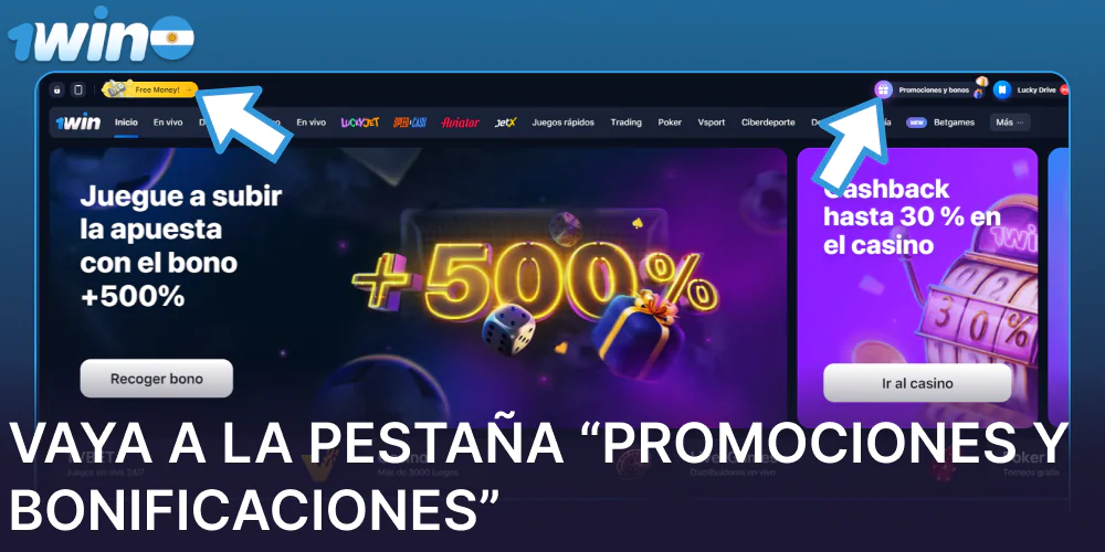 Vaya a la pestaña “Promociones y bonificaciones” en 1win